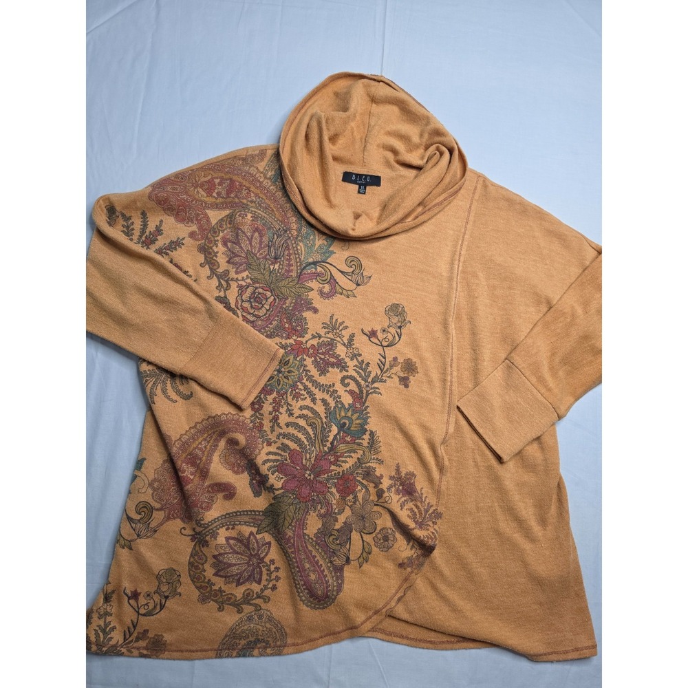 B.L.E.U. Knit Top Women's 1X Plus Brown Floral Print Long Sleeve Pullover Casual